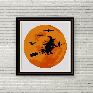 Witchy Moon Halloween Cross stitch pattern PDF orange and black  black bats black cat witch on broom