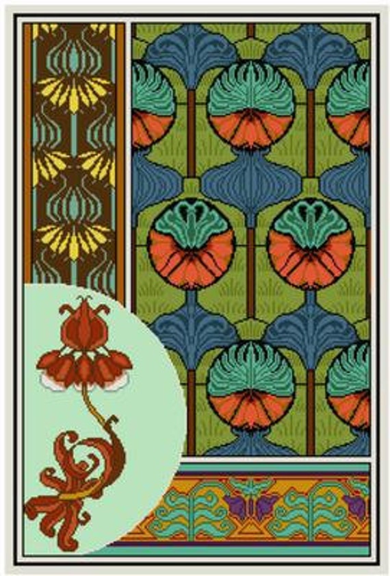 Art Nouveau Floral Panel cross stitch pattern PDF Crown Etsy