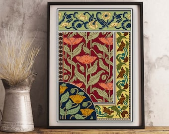 May include: A framed art print with a colorful floral design. The print features a repeating pattern of red, orange, yellow, green, and blue flowers and leaves.