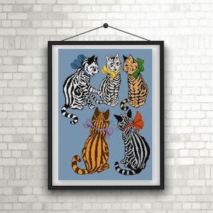 Five Tabby Cats by Louis Wain Cross stitch pattern PDF vintage cat illustration