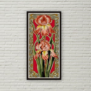 Art Nouveau Iris cross stitch Mary Golay No. 1 stylized iris floral botanical cross stitch