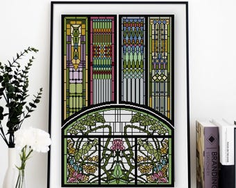 Bright Stained Glass Cross stitch pattern PDF NO. 14 Long geometric panels Pink Floral