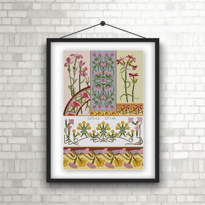 Padrão de ponto cruz botânico rosa-madeira em PDF, design gráfico com ilustração de flores vintage, botânica dos anos 1900