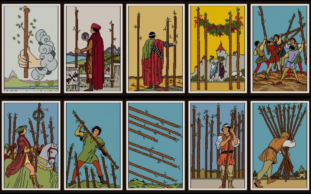 SALE Set of 14 Suit of Wands Tarot Card Cross Stitch Patterns PDF Rider Waite Complete Wands