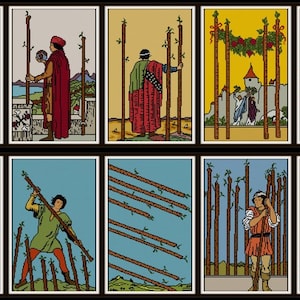 VENTA Set de 14 Stick of Wands tarot card cross stitch patterns PDF rider waite complete Bastos menores arcanos