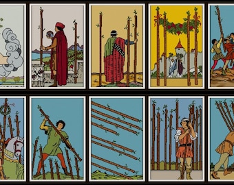 SALE Set of 14 Suit of Wands tarot card cross stitch patterns PDF rider waite complete Wands minor arcana
