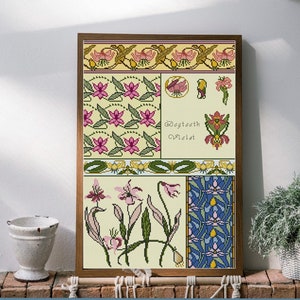 May include: A framed cross-stitch pattern featuring a variety of floral designs, including dogtooth violet, lilies, and other flowers. The pattern is in shades of pink, green, and yellow.