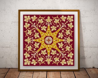 Gold and Red Leaves Medallion Cross stitch pattern Augustus Pugin 1800s antique design