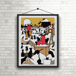 Black Cats on Rooftops Cross stitch pattern PDF childrens book illustration Charles Robinson 1904