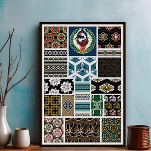 Japanese Sampler Cross stitch pattern PDF Antique textile pattern Crane Flowers