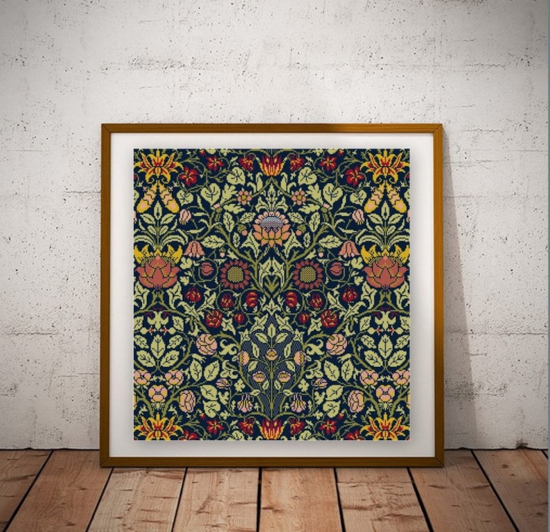 William Morris Violet and Columbine cross stitch pattern PDF historical 1880s red and yellow image 1