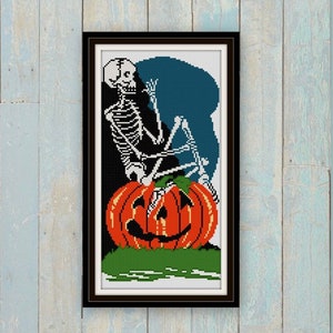 Vintage Halloween Skeleton cross stitch pattern PDF Pumpkin