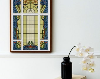Stained Glass 1 Cross stitch pattern Blue mosaic stained glass Beginner color block cross stitch Art Nouveau Yellow flowers