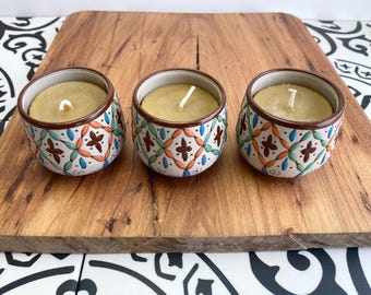 Beeswax candles in Vintage Pottery Cups