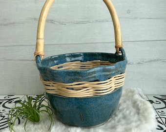 Blue Glazed Pottery Basket with Rattan and Bamboo Handle
