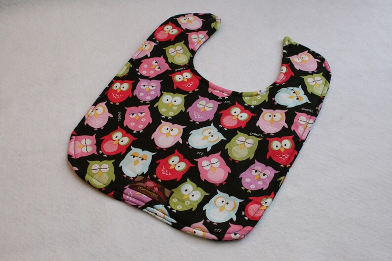 Baby Bib, Dribble Bib, Handmade Bib, Owls on Black image 2