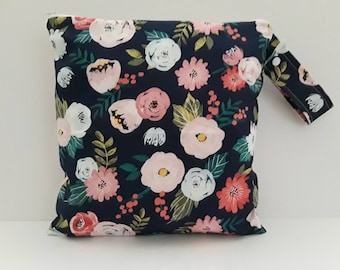 Bolsa húmeda, Bolsa húmeda para pañales de tela, Bolsa floral de melocotón azul marino, Bolsa de pañales sucia, Bolsa seca húmeda, Bolsa de gimnasio, Bolsa deportiva,