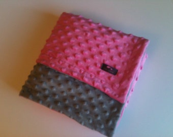 Minky Blanket, Baby Blanket, Crib Blanket, Baby Gift- Gray and Bubblegum pink Blanket 35 x 30