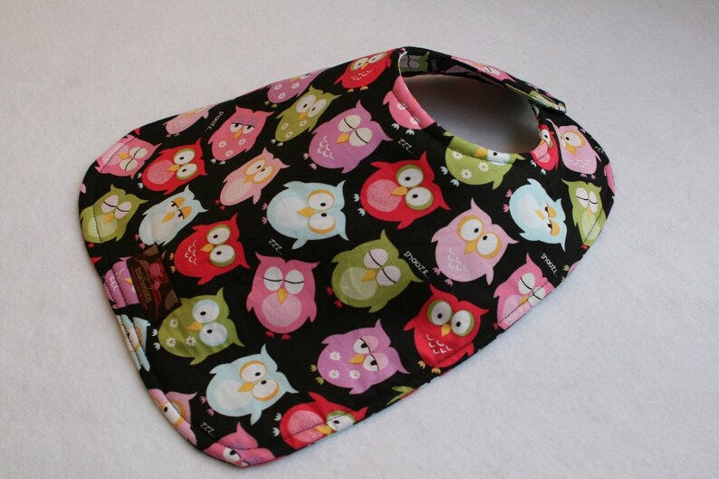 Baby Bib, Dribble Bib, Handmade Bib, Owls on Black image 1