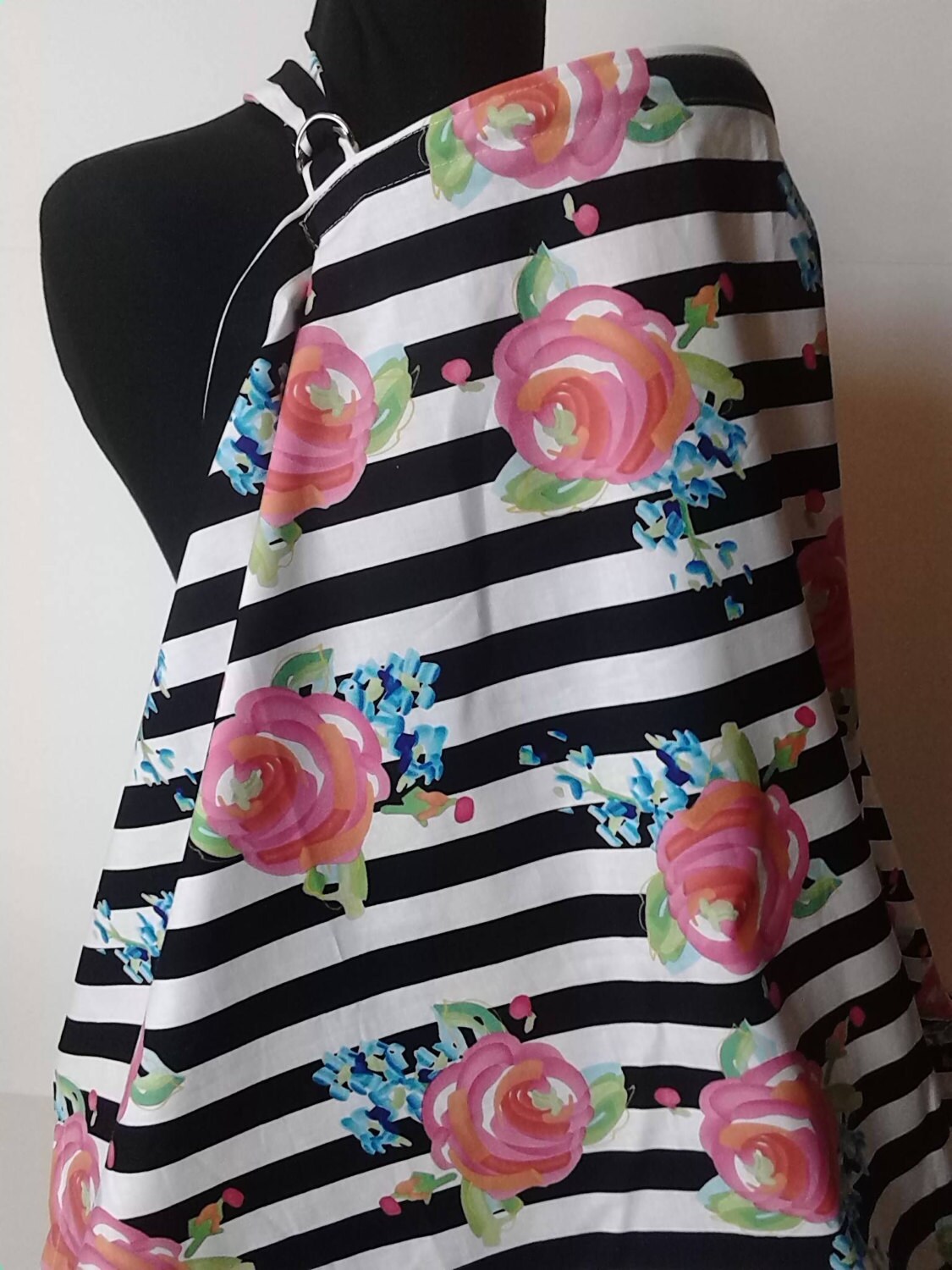 Nursing Cover-Breastfeeding Cover- Black Stripes Roses, Floral