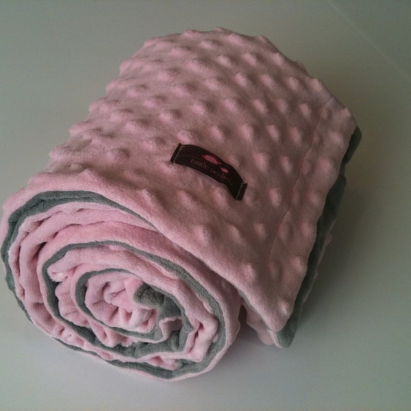 Minky Blanket, Baby Blanket, Crib Blanket, Baby Gift- Gray and Pastel Pink Blanket  35 x 30