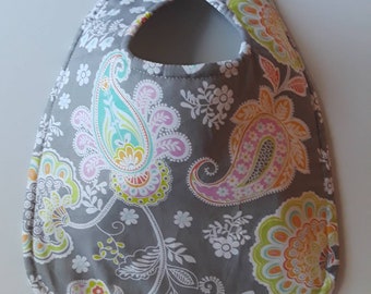 Baby Bib, Dribble Bib, Handmade Bib, gray pink paisley bib