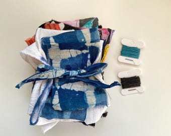 Kit tessile globale sacro: Batik indaco, tessuto di fango, lino, fili, filato (cucitura lenta)