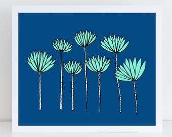 Fine Art Print Joyful Blue Plants Hand Drawn Illustration
