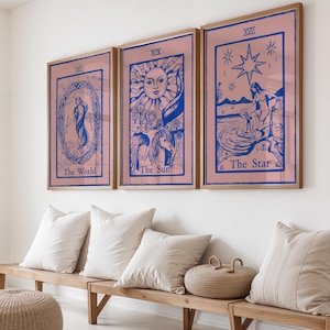 Tarotkaartposterset – de zon, de wereld, de maan – digitale tarotprintbundel, Major Arcana Wall Art for Mystical Decor-bundel