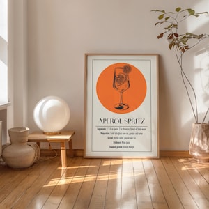Impresión de receta de Aperol Spritz, póster de cóctel, arte mural de cocina, decoración de carrito de bar, descarga digital, receta de bebida imprimible, póster minimalista