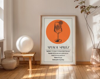 Impresión de receta de Aperol Spritz, póster de cóctel, arte mural de cocina, decoración de carrito de bar, descarga digital, receta de bebida imprimible, póster minimalista