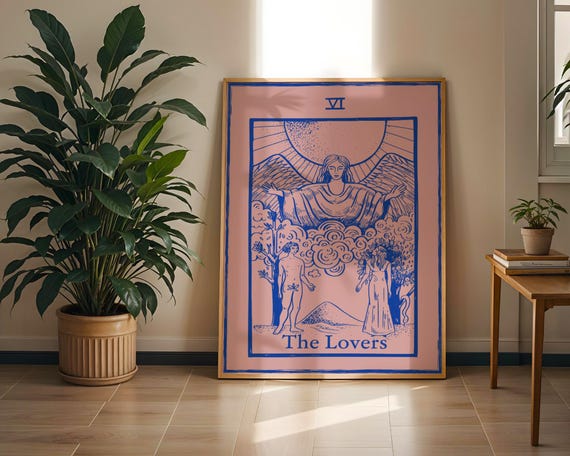 The Lovers Tarot Poster – Modern Major Arcana Wall Art, Tarot Card Print, Pink and Indigo Spiritual Decor