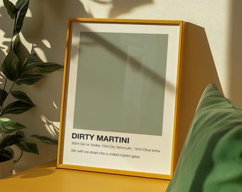 Dirty Martini Cocktail Poster – Minimalist Drink Print, Modern Bar Wall Art, Olive Green Pantone Style, Home Bar Decor