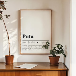 Poster Spaans woordenboek Puta – grappige afdrukbare muurkunst – Spaanse jargontypografie – digitale download – minimalistisch decor afbeelding 3