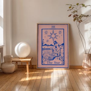 The Star Tarot Card Print – Roze en blauwe tarot kunst aan de muur moderne mystieke poster spiritueel decor Grote Arcana