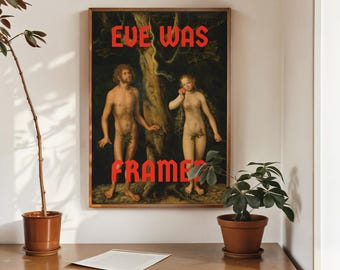 Klassiek schilderij van Adam en Eva - "Eve Was Framed" Art Print - grappige afdrukbare muurkunst, quote muurkunst