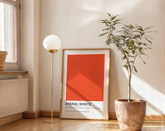 Impresión artística del cóctel Aperol Spritz: póster minimalista de bebida, arte digital para pared, decoración de cocina moderna, receta de bar imprimible, estética naranja
