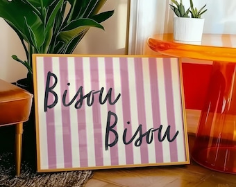 Bisou Bisou-poster – roze Franse quote muurkunst | Digitale download | Parijs afdrukbaar decor | Romantische typografieafdruk