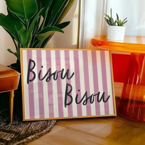 Bisou Bisou Poster – Pink French Quote Wall Art | Digital Download | Parisian Printable Decor | Romantic Typography Print