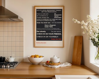 Anthony Bourdain Quote Poster – Slow Living Wall Art | Eat Local, Drink Negronis, Be Kind | Minimalist Lifestyle Digital Print
