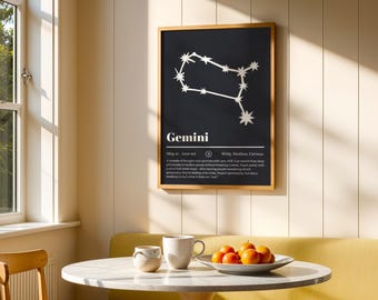 Póster del zodiaco Géminis en negro: divertida impresión digital de astrología, arte mural de la constelación de Géminis, descarga de regalo del horóscopo para gemelos