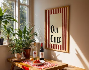Oui Chef Red Poster Printable, French Bistro Kitchen Wall Art, Blue Stripe Typography Print, Minimalist Kitchen Decor Digital Download