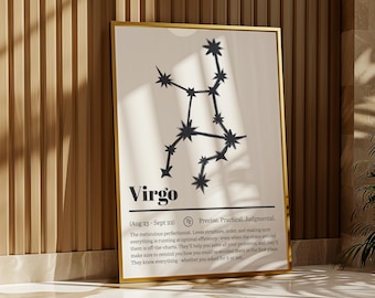 Virgo Zodiac Constellation Wall Art – Astrology Star Sign Print, Minimalist Horoscope Poster, Birthday Gift for Virgo, Physical Print