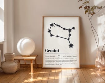 Póster del zodiaco Géminis blanco: impresión digital divertida de astrología, arte mural de la constelación de Géminis, descarga de regalo del horóscopo para gemelos