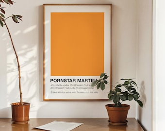 Pornstar Martini Cocktail Poster – Minimalist Bar Print, Modern Kitchen Wall Art, Passion Fruit Orange Color Block, Digital Recipe Download