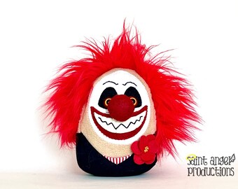 Evil Clown Plushie, Stuffed Creepy Scary Art Doll, Red Haired, Black Coat, READY TO SHIP