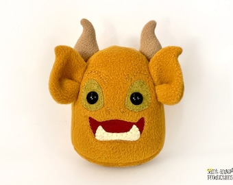 Evil Demon Plushie, Mustard Yellow Stuffed Plush Halloween Horned Creature, Plushoween, READY TO SHIP