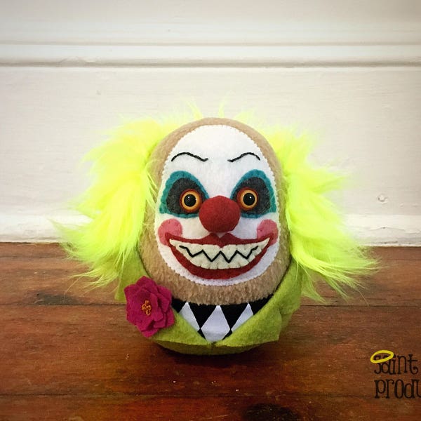 Evil Clown Plushie, Stuffed Creepy Scary Art Doll, Black Light UV Responsive Hair, Insane, Crazy Circus, Carnival Plush, READY to SHIP