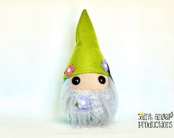 Spring Decor Gnome, Garden Gnome with Floral Plushie, Stuffed Fairytale Fiber Art Doll Plush, READY TO SHIP