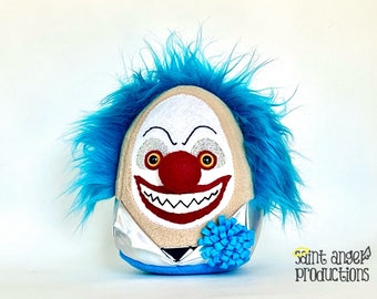 Evil Clown Plushie, Stuffed Creepy Scary Art Doll, Blue Haired, Silver Coat, READY TO SHIP